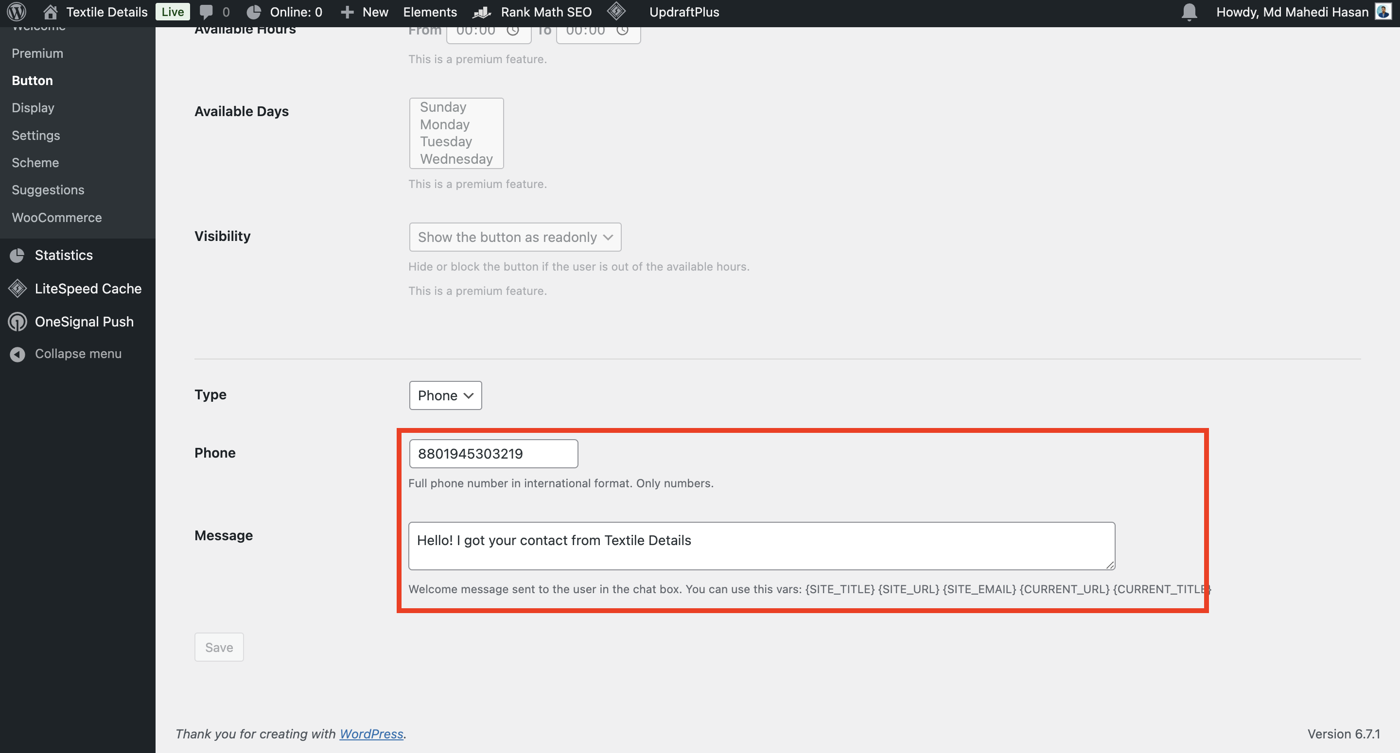 Whatsapp Plugin in Wordpress